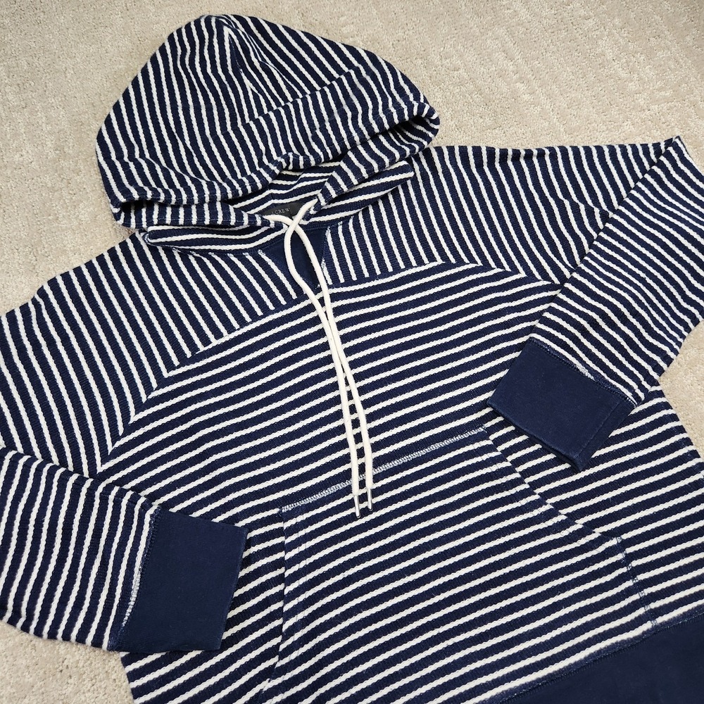 J Crew Hoodie Women Small Paneled Terry Striped Sweatshirt Blue White Beach
